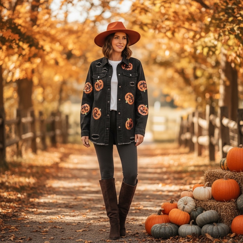 POODIT sequin pumpkin distressed washed out black denim top M L XL